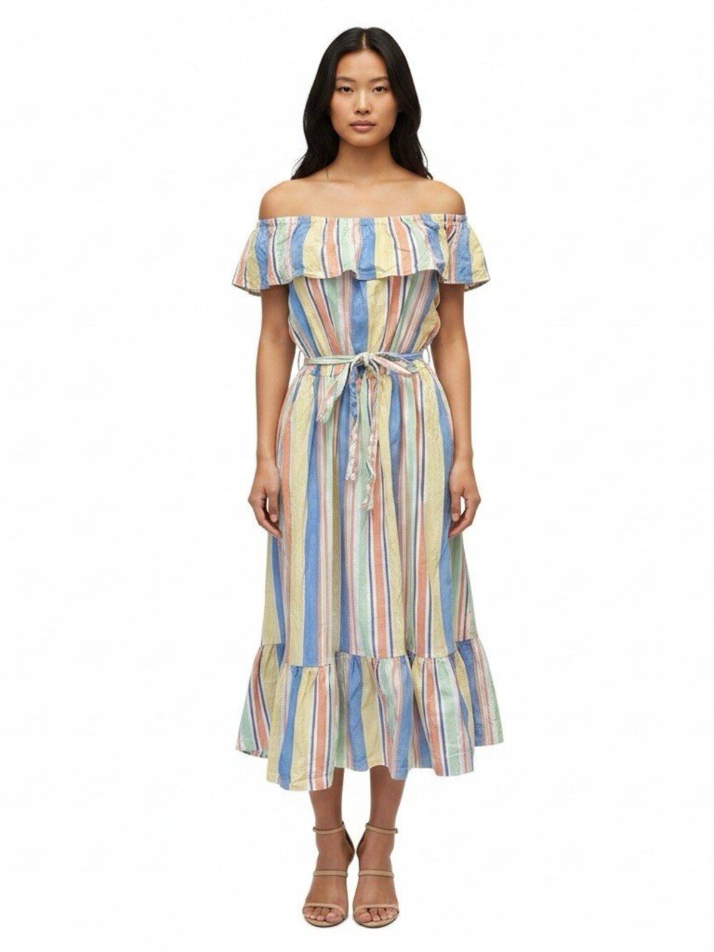 Draper James RSVP Off Shoulder Ruffle Sleeve Midi Dress Size M Medium Stripe